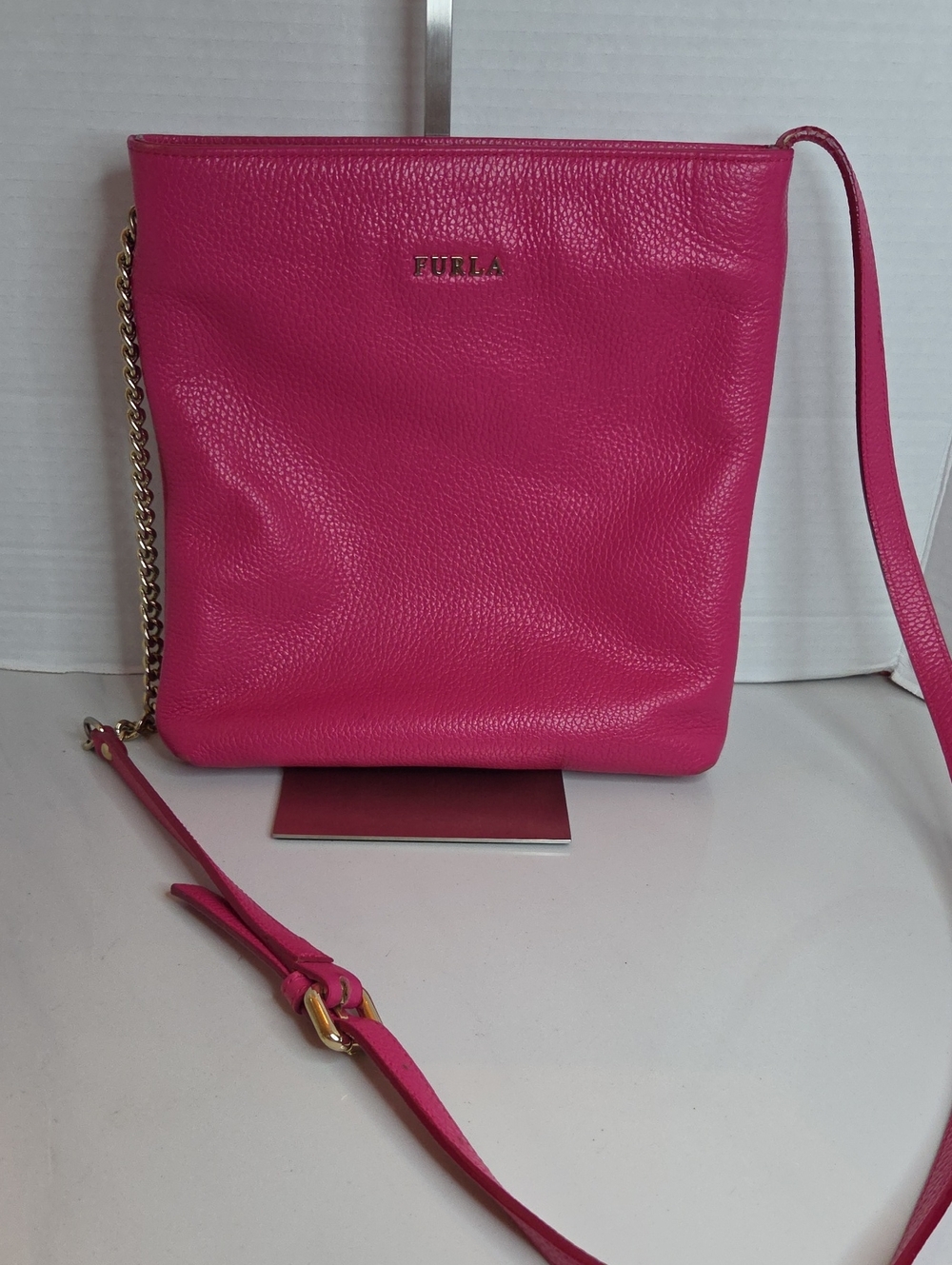 Furla Hot Pink Pebbled Leather Crossbody with Gold Chain